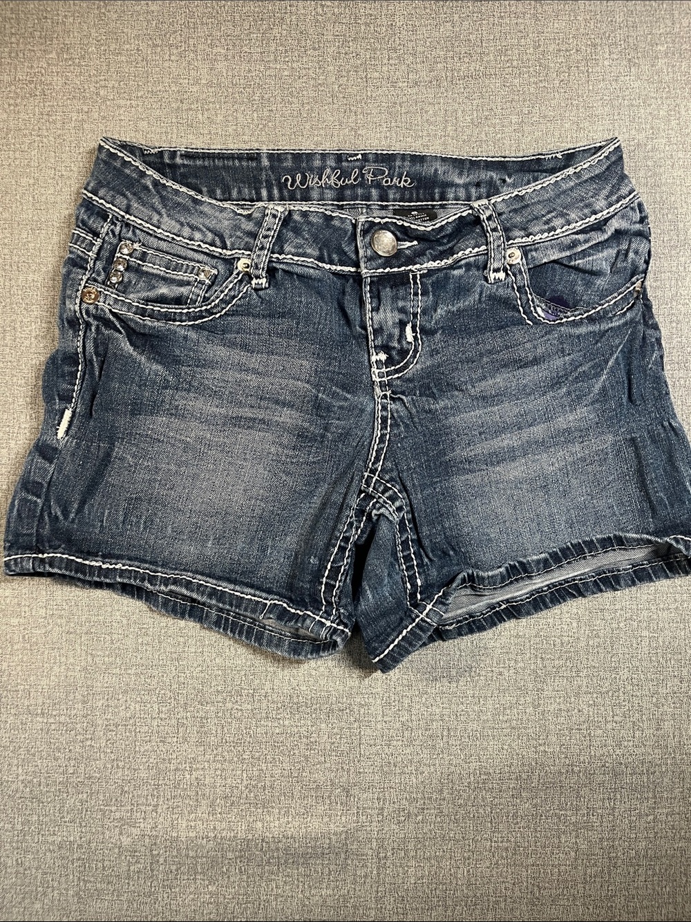 Wishful Park Mid-Rise Denim Shorts, rhinestone back pockets, Women’s size 9